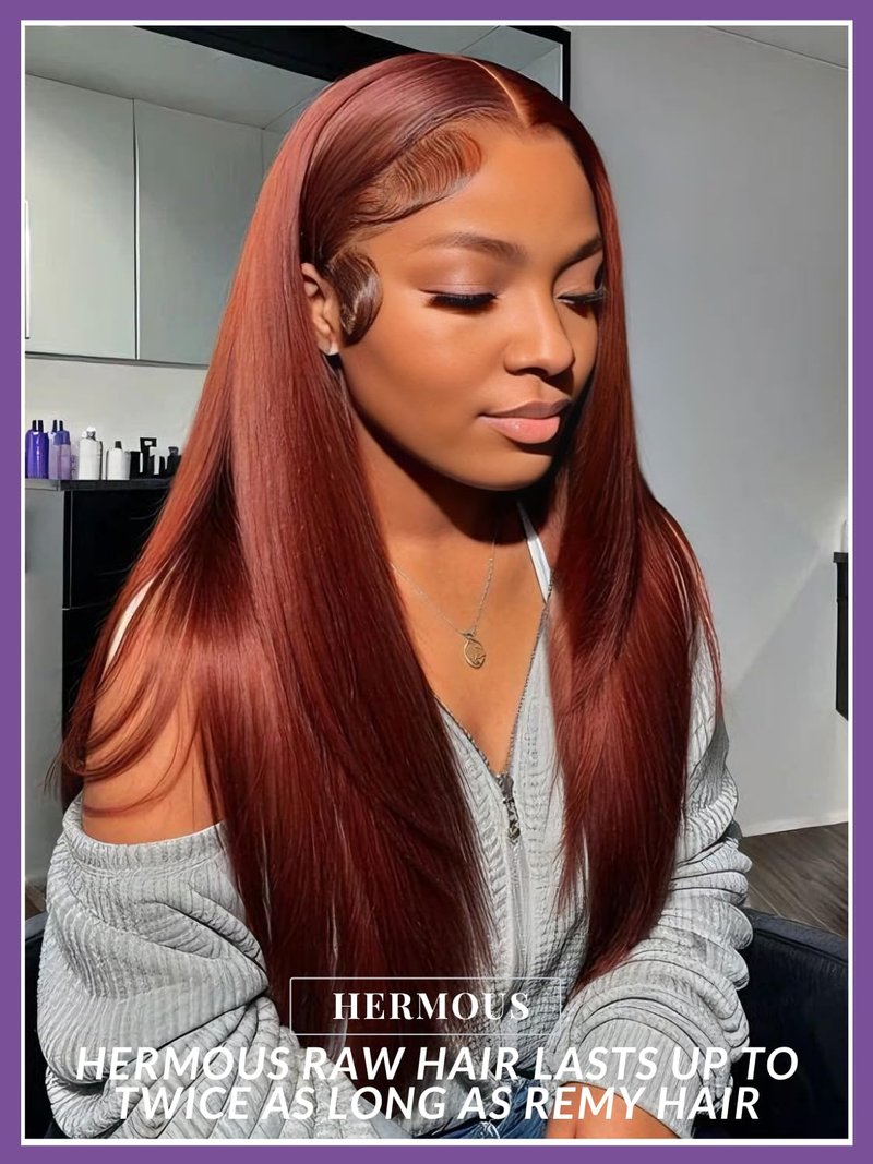 HERMOUS 13A Double Drawn Reddish Brown Bundles Straight Human Hair, 100% Real Raw Human Hair Full and Thick #33B Copper Red Auburn Brown Colored Single Bundles for Quick Weave Sew In 12 Inch