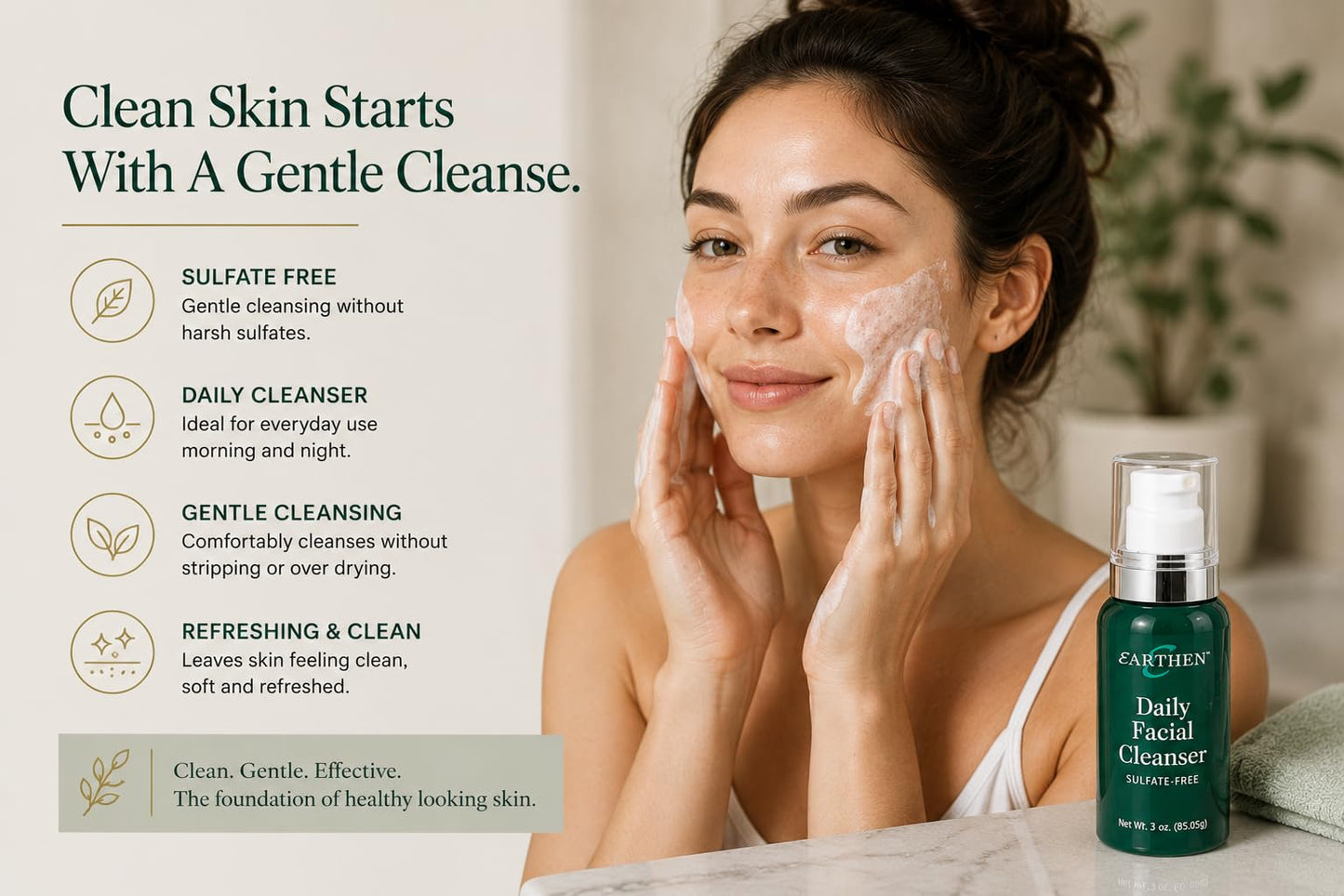 EARTHEN Daily Facial Cleanser Sulfate Free Face Wash for Women & Men, Gentle Vegan Facial Cleanser for Sensitive Skin, Removes Makeup, Oil & Dirt Without Over Drying, Daily AM PM Skincare, 3 oz