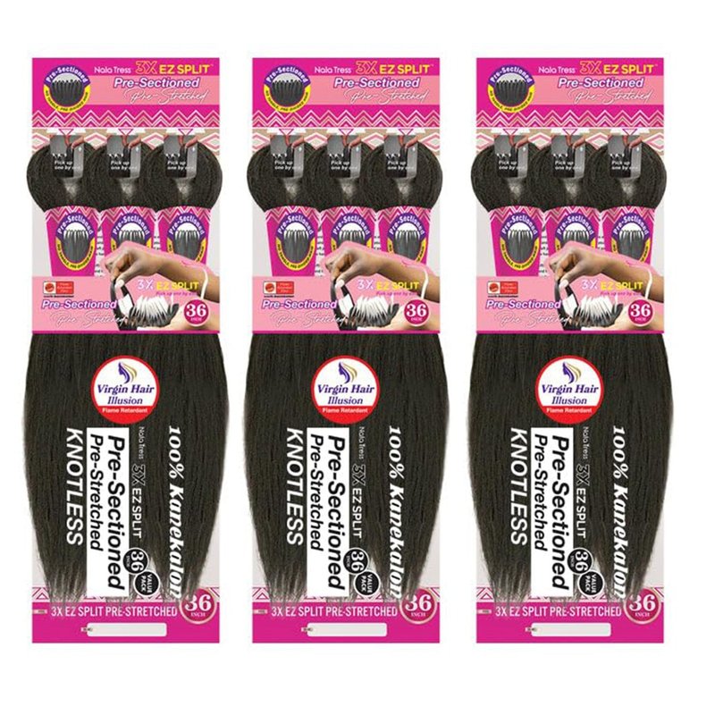 MULTI-PACK DEAL 3PACK! Janet Collection Nala Tress 3X EZ SPLIT Pre-Sectioned Pre-Stretched Braid Knotless Extremely light weight 36Inch 9Bundles (36”, COLOR #1B)
