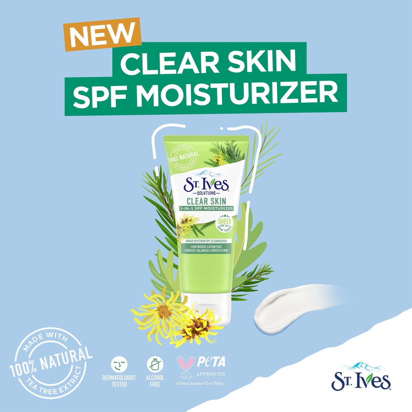 St. Ives Clear Skin Lotion - 3-in-1 SPF 25 Face Moisturizer for Acne-Prone Skin | Lightweight Daily Lotion with Tea Tree & Witch Hazel, 3 Fl Oz