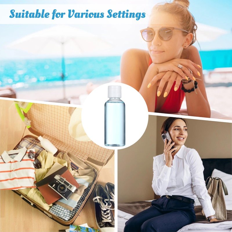 100 Pack 2 oz Plastic Empty Travel Bottles with Flip Cap 60ml Travel Size Containers Portable Leak Proof Clear Plastic Bottles Refillable Dispensing Bottles for Liquid Shampoo Lotion White