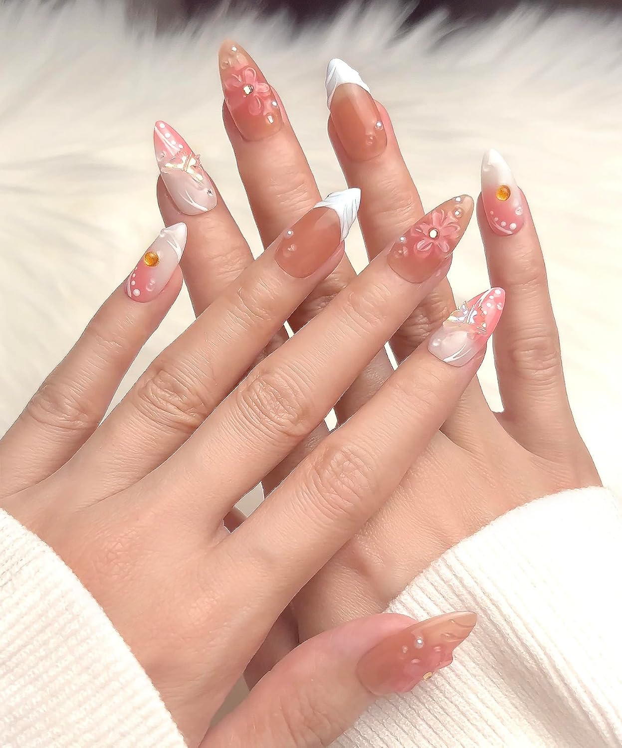 3D Sea Shell Press-On Nails - Handmade Medium Almond Beach Nail Art with Butterflies (L Size)