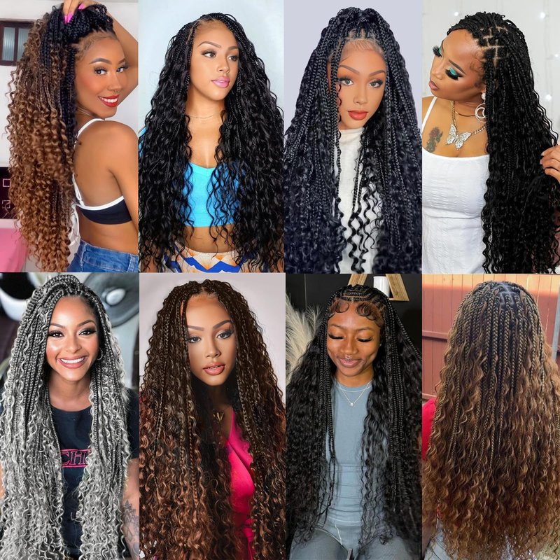 YEBO Goddess Box Braids Boho Braids Crochet Hair For Black Women Pre Looped, Knotless Boho Crochet Braids With Curly Ends, Bohemian Crochet Hair Box Braids(24 Inch (Pack of 8), 1B)