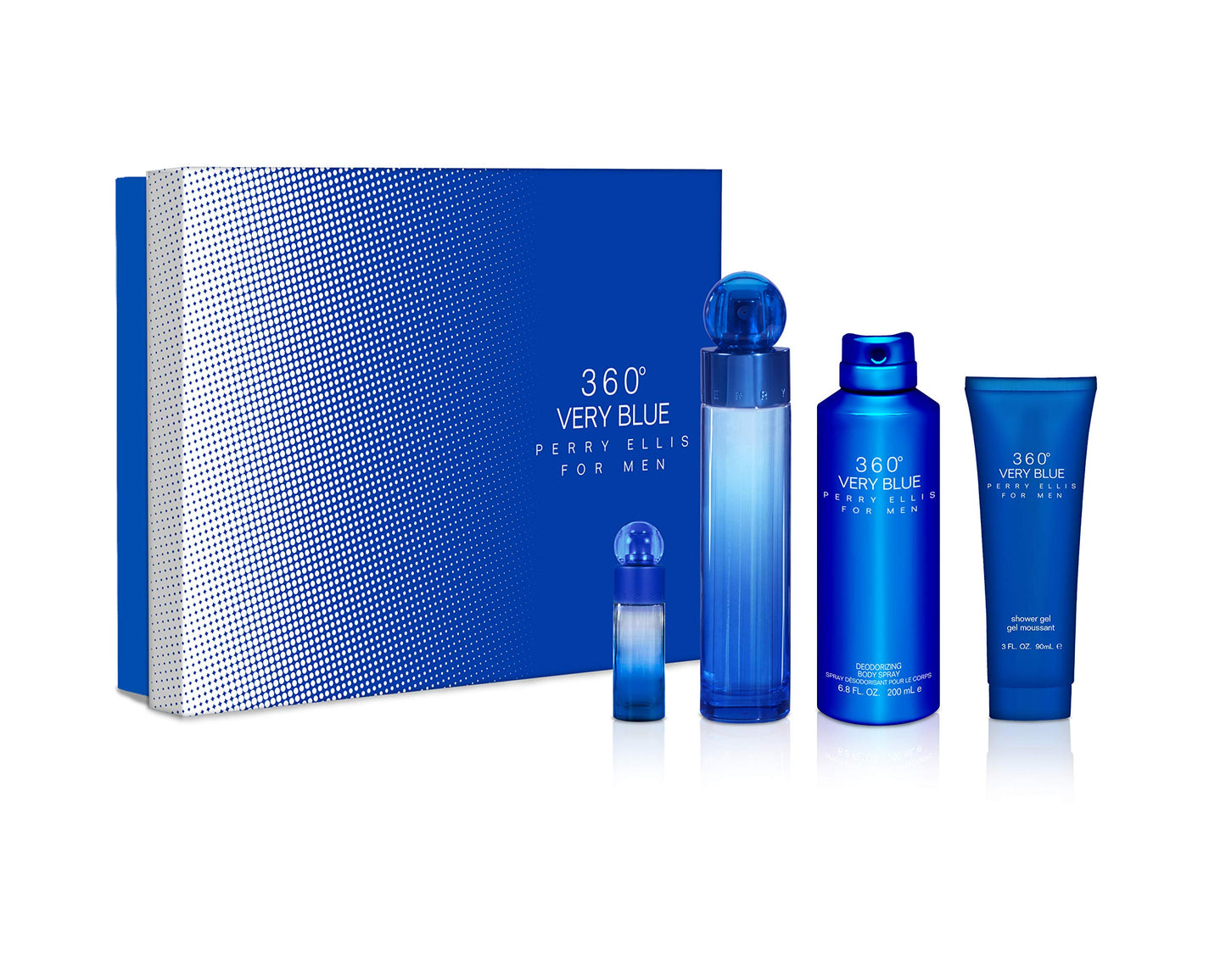 Perry Ellis 360 Very Blue By Perry Ellis for Men - 4 Pc Gift Set 3.4oz Edt Spray, 7.5ml Edt Spray, 6.8oz Body Spray, 3oz Shower Gel, 4count