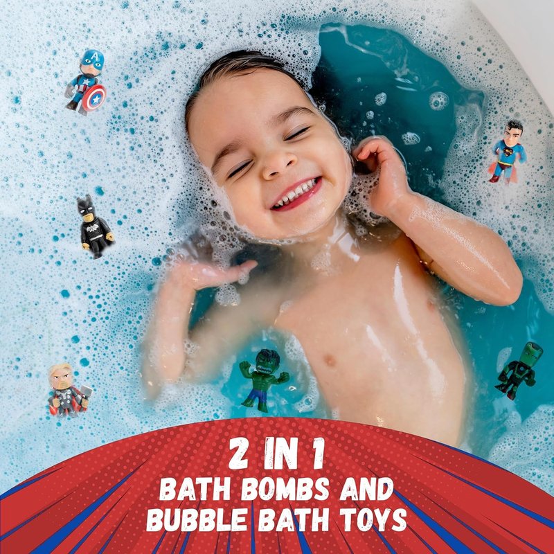 Superhero Bath Bombs for Kids with Surprise Toys Inside (6 Pack) - Large Bubble Bomb Fizzies for Boys, Girls, & Toddlers - Birthday Gift for Kids - Fruity Scent, USA Made by Two Sisters
