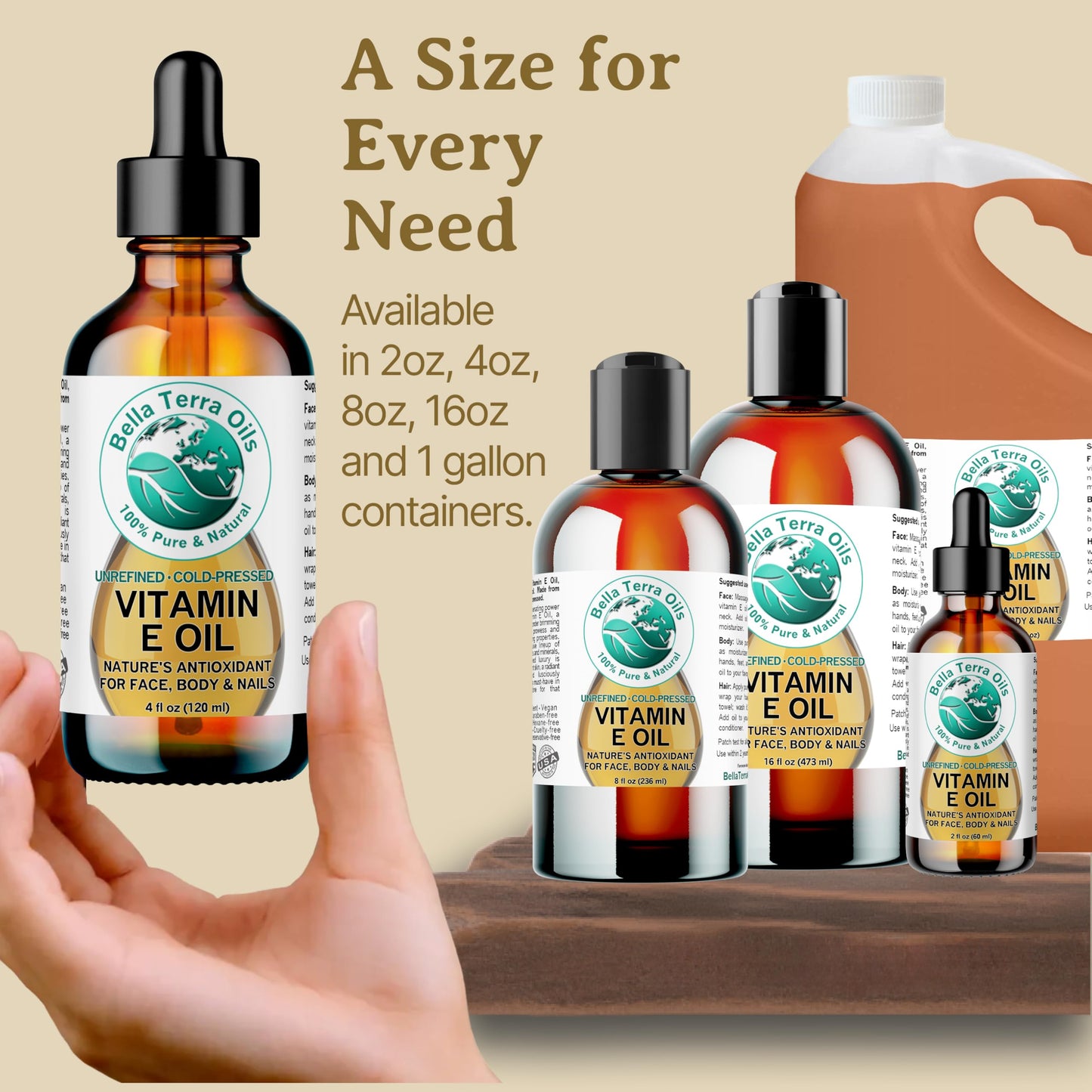 Bella Terra Oils Natural Vitamin E Oil 4oz – Wheat Germ Derived Vitamin E Oil for Soft, Healthy-Looking Skin