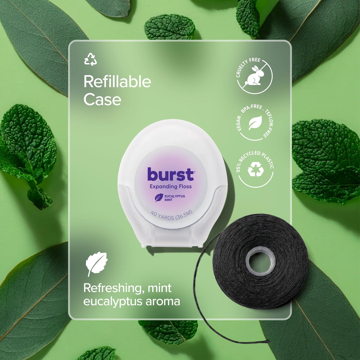 BURST Expanding Dental Floss (Mint Eucalyptus/40 Yards) | Stain Absorbing