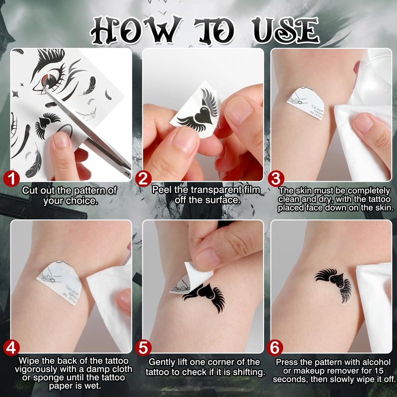 HOWAF 4 Sheets Halloween Angel Face Tattoos Angel Wing Full Face Temporary Tattoos for Hallows' Eve Angels Costumes Accessories, Black and White Fallen Angels Tattoo Stickers