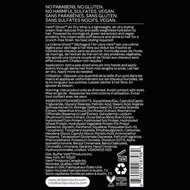 VERB Ghost Air Dry Whip - Weightless Styling Cream with Moringa Oil | Anti-Frizz, Hydration & Texture