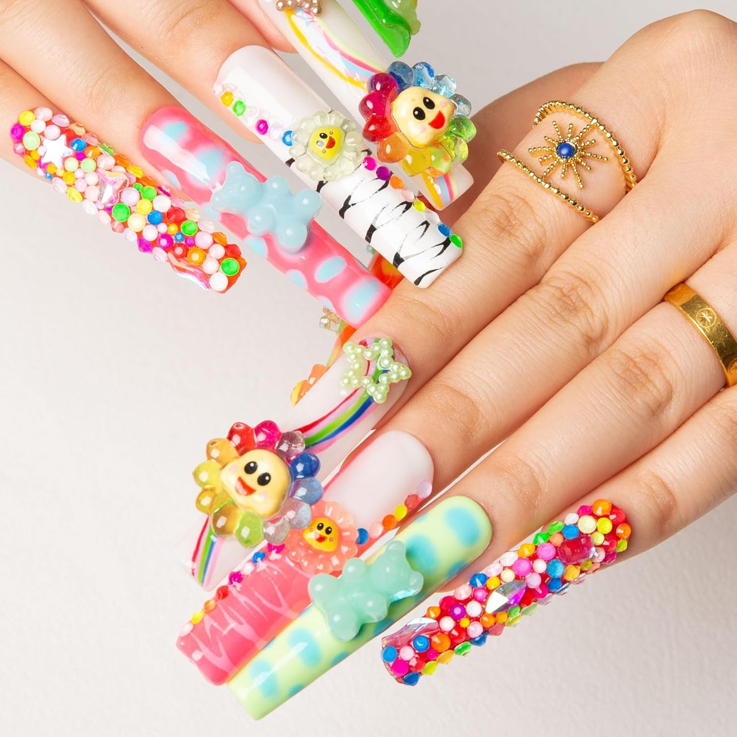 Colorful Handmade Press-On Nails with Lovkashi Flower Design | Reusable Long Square Acrylic Nails 2.2 in
