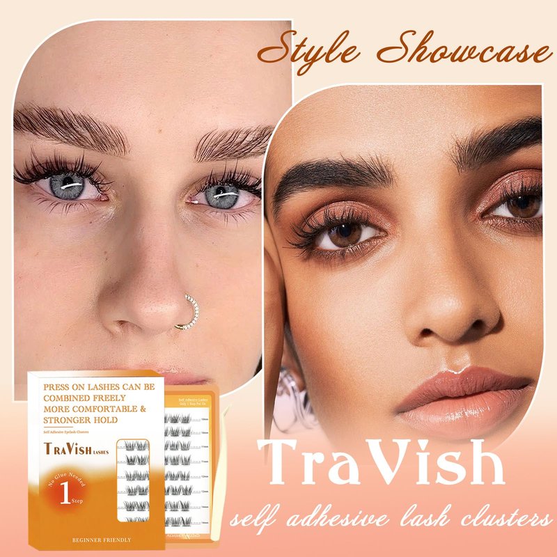Travish D Curl Self Adhesive Lash Clusters 48Pcs 10-14mm, Natural Wispy Volume Press On Lashes No Glue DIY Eyelash Extensions with Tweezers