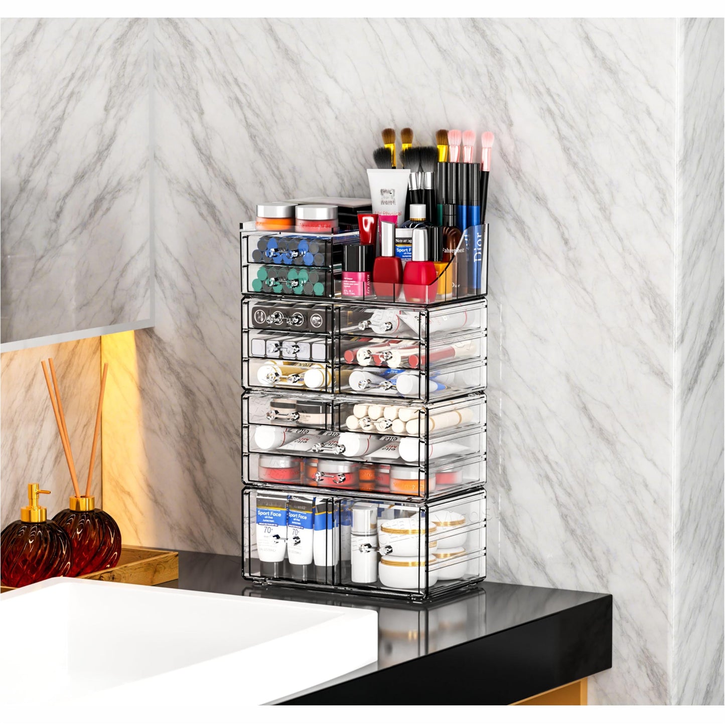 Cq acrylic Make Up Organizers for Vanity With 14 Drawers, 4 Pack Clear Drawer Organizers,Plastic Cute Desk Accessories Organization and Bathroom Organizers Storage Case Box Cube for Beauty,Skin Care