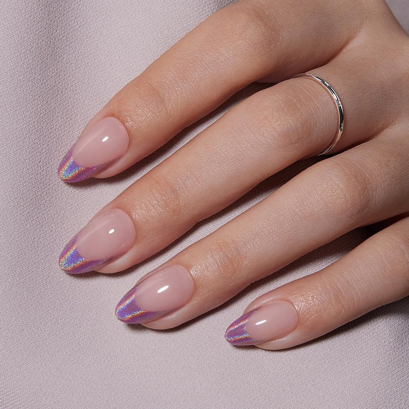 VSALON Short Almond Press on Nails Holographic French Rose Pink Cat Eye