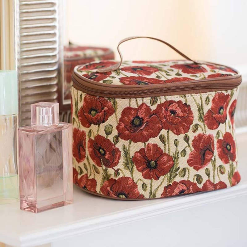 Signare Tapestry Toiletry Bag Makeup Organizer bag for Women with Poppy Flower Design (TOIL-POP)