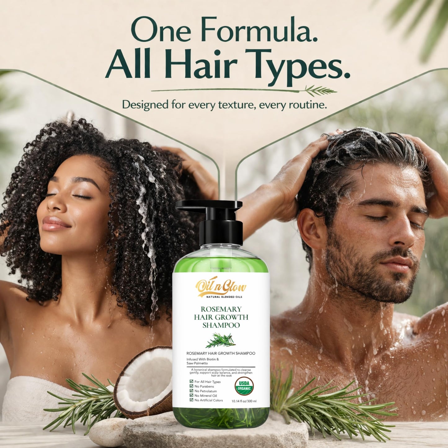 OilnGlow USDA Organic Rosemary Shampoo For Hair Growth For Thickening & Strengthening for Men & Women with Biotin, Scalp DHT Blocker Saw Palmetto For Thinning Hair Loss 10 Fl. Oz- Fragrance Free