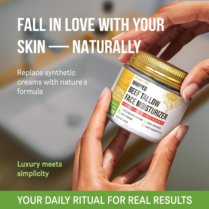Beef Tallow Face Cream - All-Natural Moisturizer with Honey & Hyaluronic Acid | 2.25 oz for Dry, Sensitive Skin