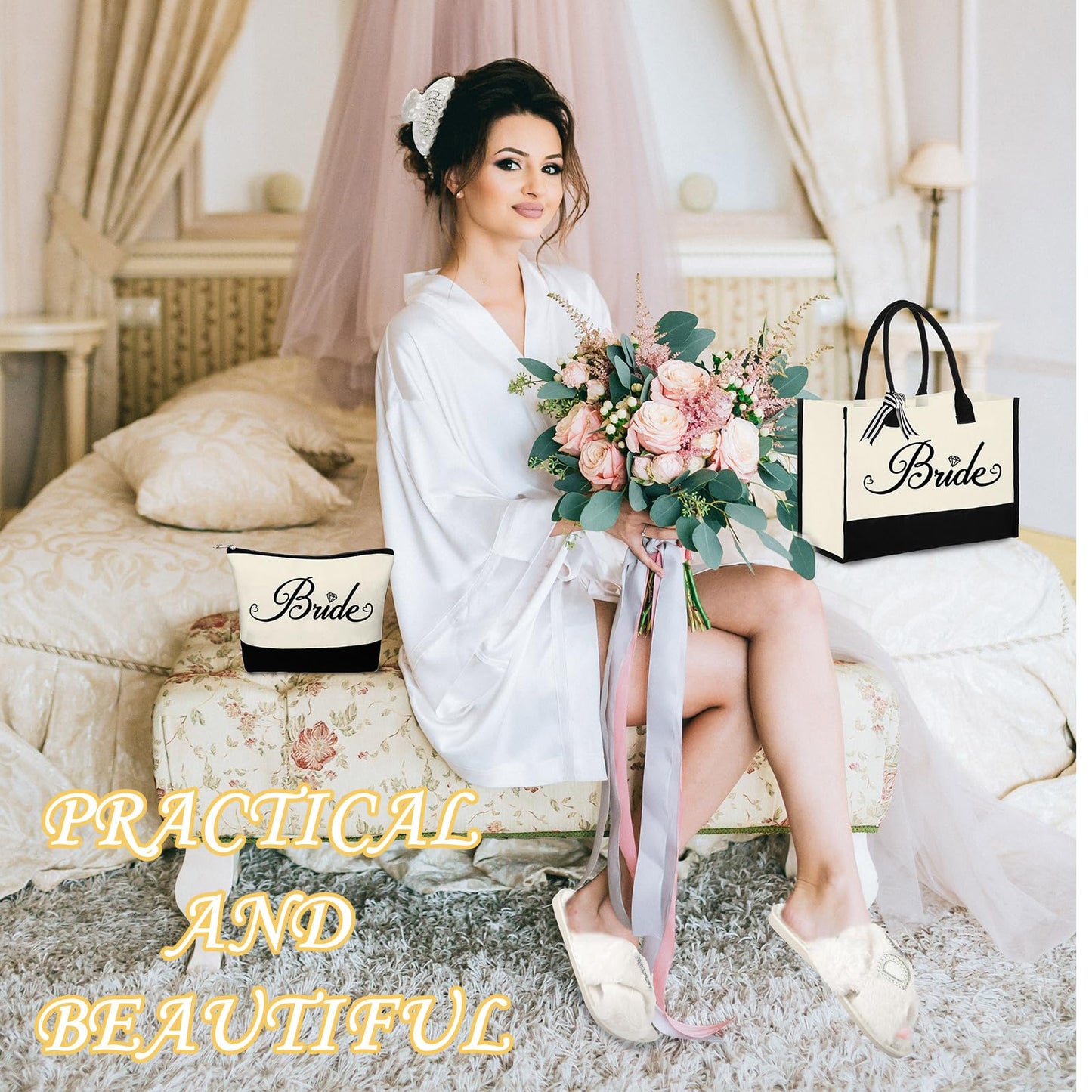 Tkifoda Bride to Be Gifts, Bridal Shower Wedding Gifts, Bride Tote Bag I Do Slippers Robe Hair Clip for Wedding Day