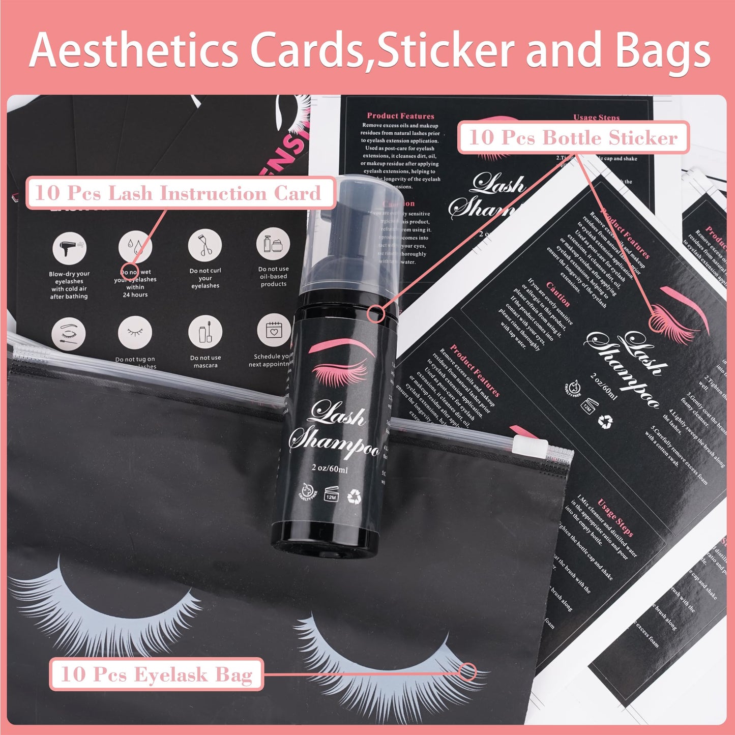 60pcs Lash Extension Cleaning Kit for Clients,10pcs Lash Brushes,10pcs Eyelash Cleaning Brush with Tubes,10pcs Lash Bottles,10pcs Eyelash Bags,10pcs Lash Shampoo Stickers,10pcs instruction card(Black)
