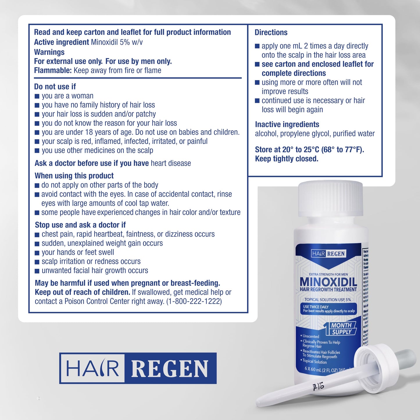 Hair Regen Liquid Minoxidil for Men 5% – Advanced Topical Solution for Regrowth – Growth Treatment for Men Hair Loss 6-Pack as 6-Month Supply Kit