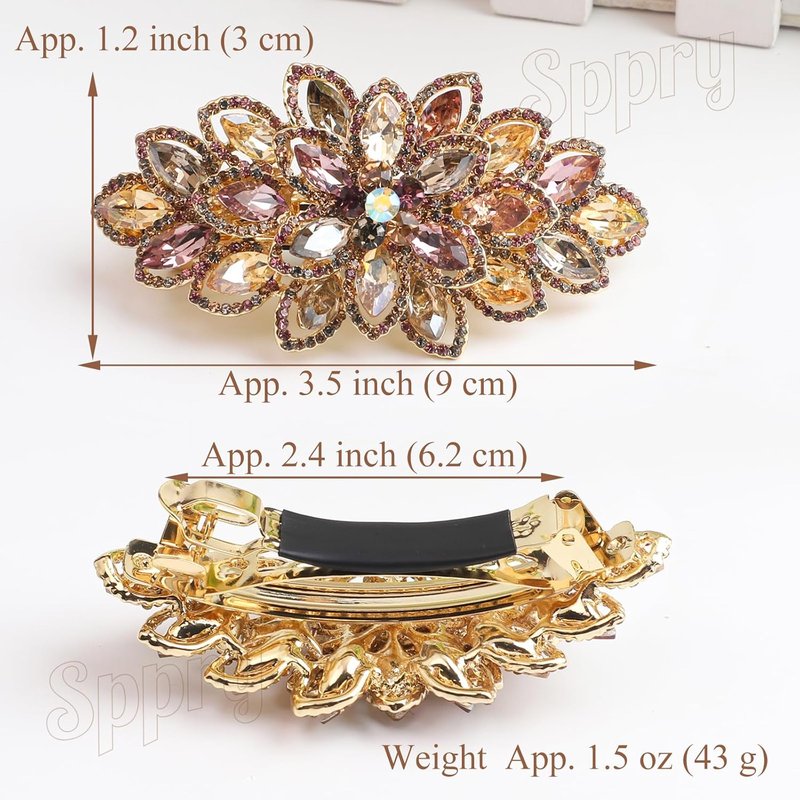 Rhinestone Hair Barrette - Luxury Gold-Plated Large Flower Design | Colorful Women's Hair Accessory