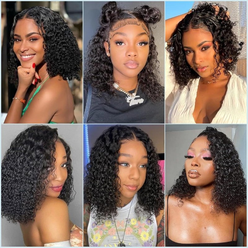14 Inch Short Bob Wig - 13x6 Deep Wave Curly Brazilian Virgin Human Hair, Pre Plucked Lace Frontal for Natural Look