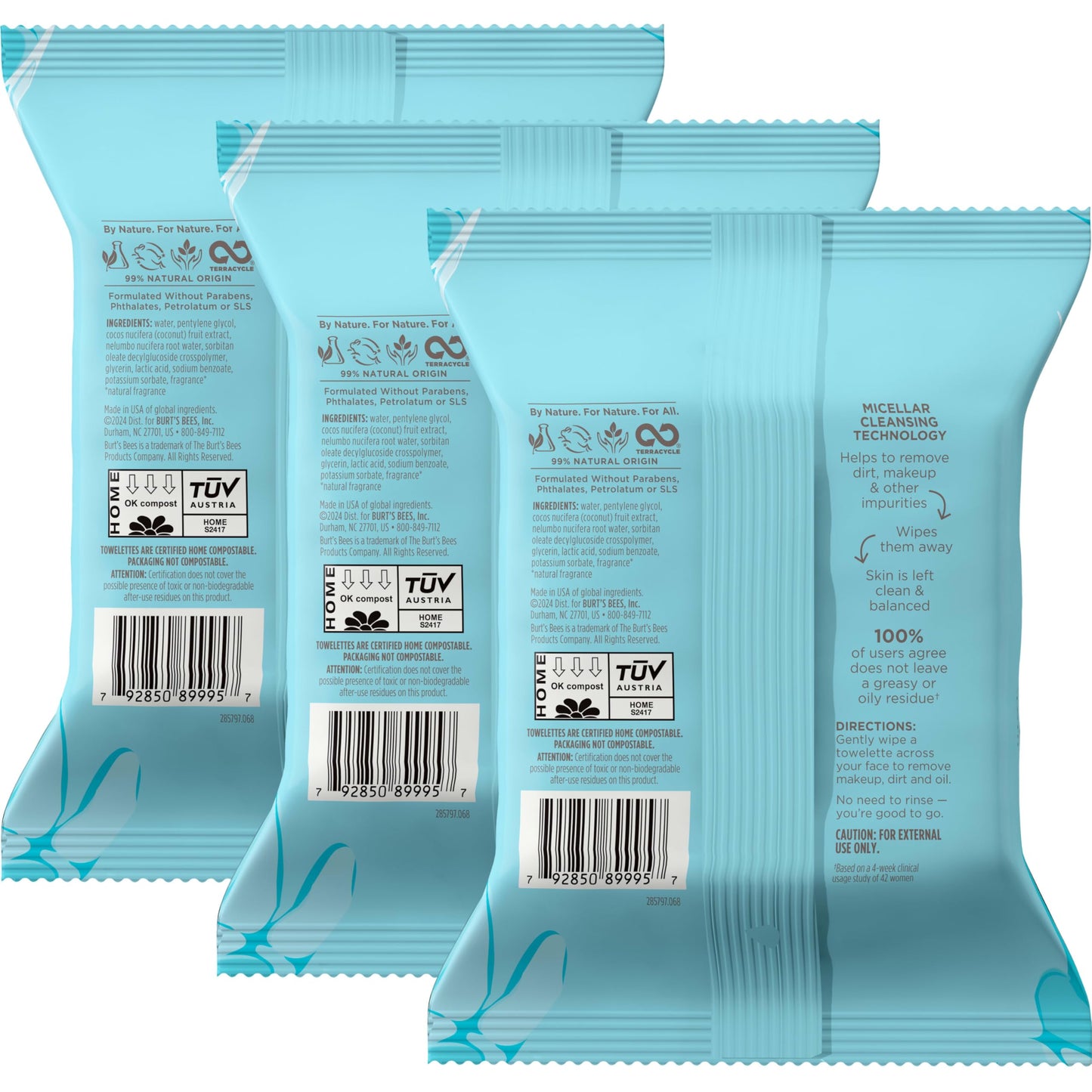 Burt's Bees Sensitive and Micellar Facial Towelettes With Aloe Vera and Rose Water, Pre-Moistened Towelettes for All Skin Types, 30 ct. Package (2 Pack) + 10 ct. Package