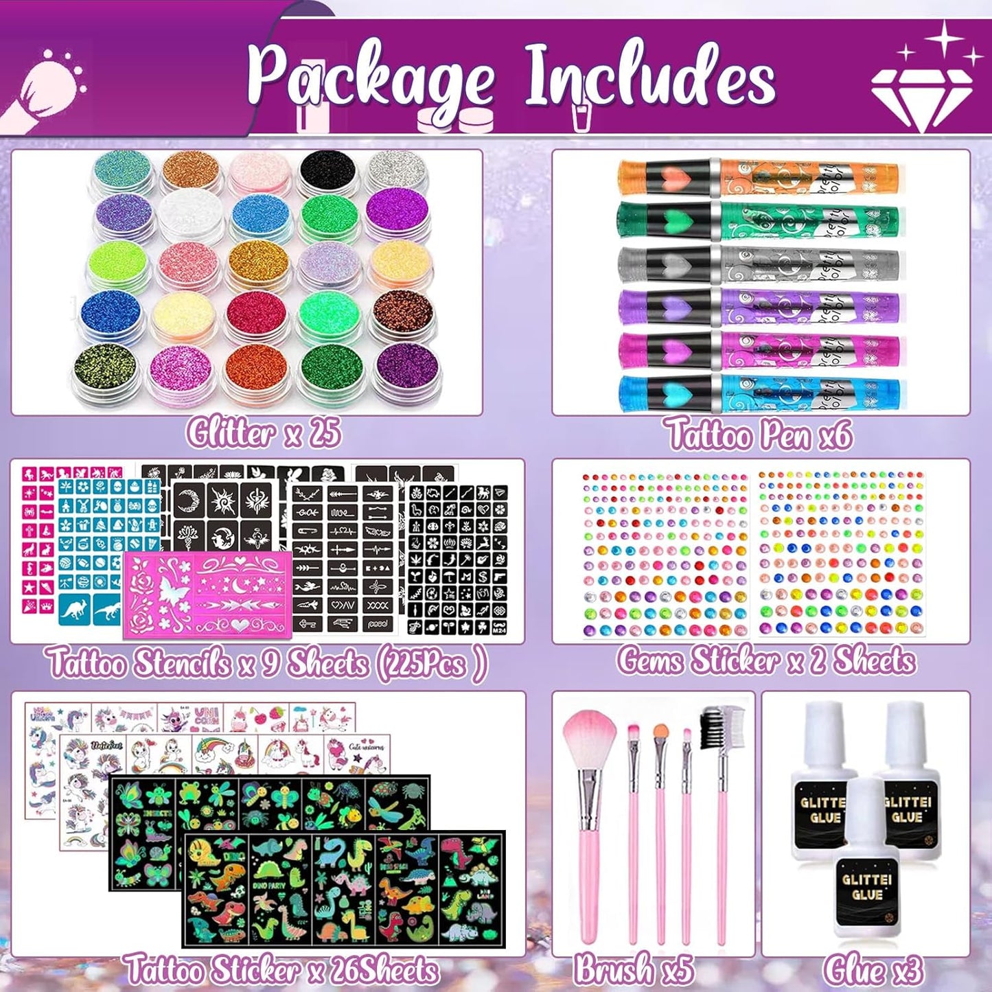 Kids Glitter Tattoo Kit - 25 Colors, 225 Stencils & Glow-in-the-Dark Temporary Tattoos | Perfect for Halloween & Birthday Fun