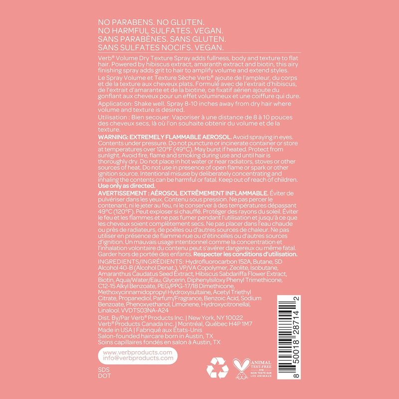 VERB Volume Dry Texture Spray - Boosts Hair Volume & Fullness | Sulfate-Free, Paraben-Free, Gluten-Free