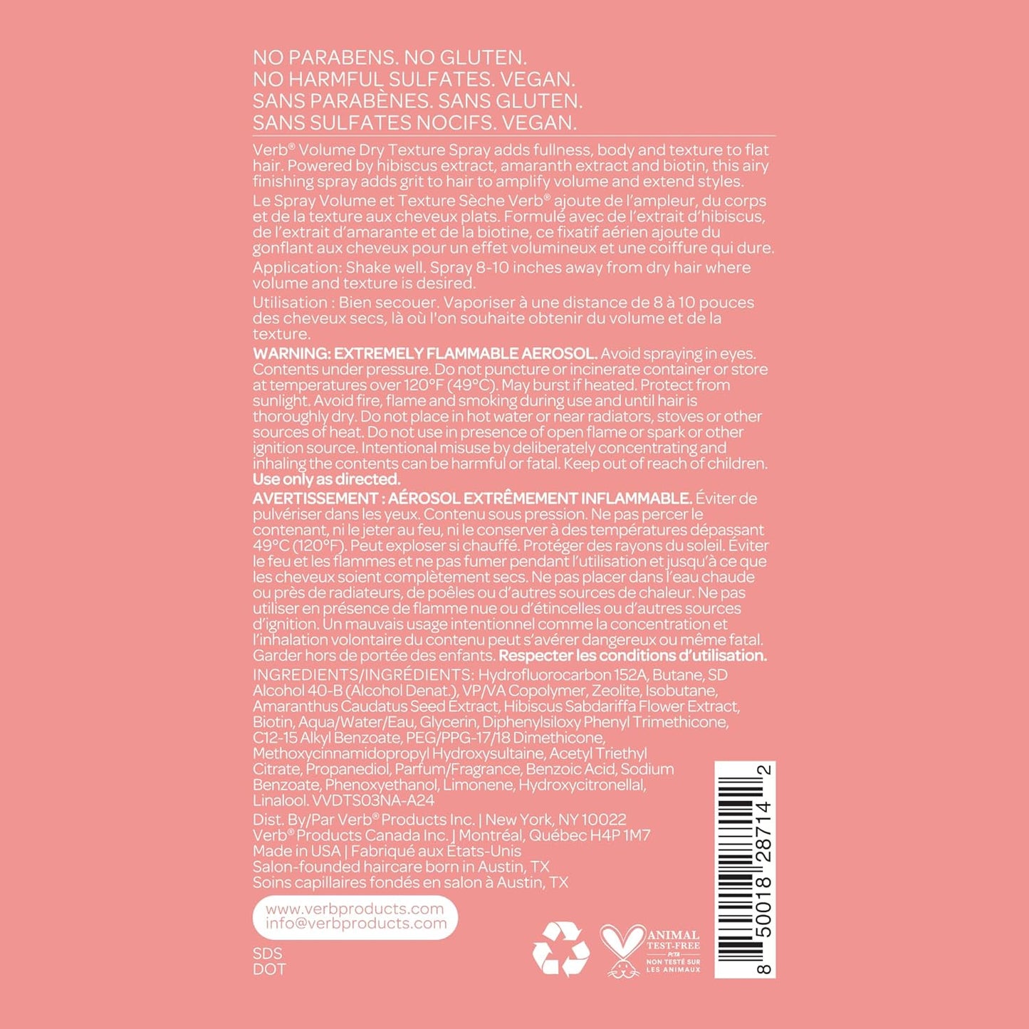 VERB Volume Dry Texture Spray - Boosts Hair Volume & Fullness | Sulfate-Free, Paraben-Free, Gluten-Free