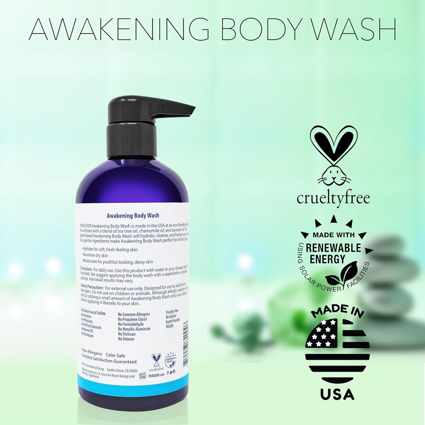 PURA D'OR Awakening Body Wash - Aloe Vera & Lavender | pH Balanced, 48oz Total for Soft, Fresh Skin