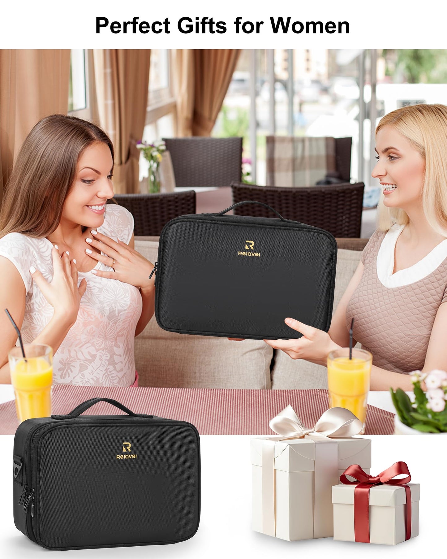 Relavel Makeup Bag Travel Train Case Cosmetic Organizer with Divider, Black