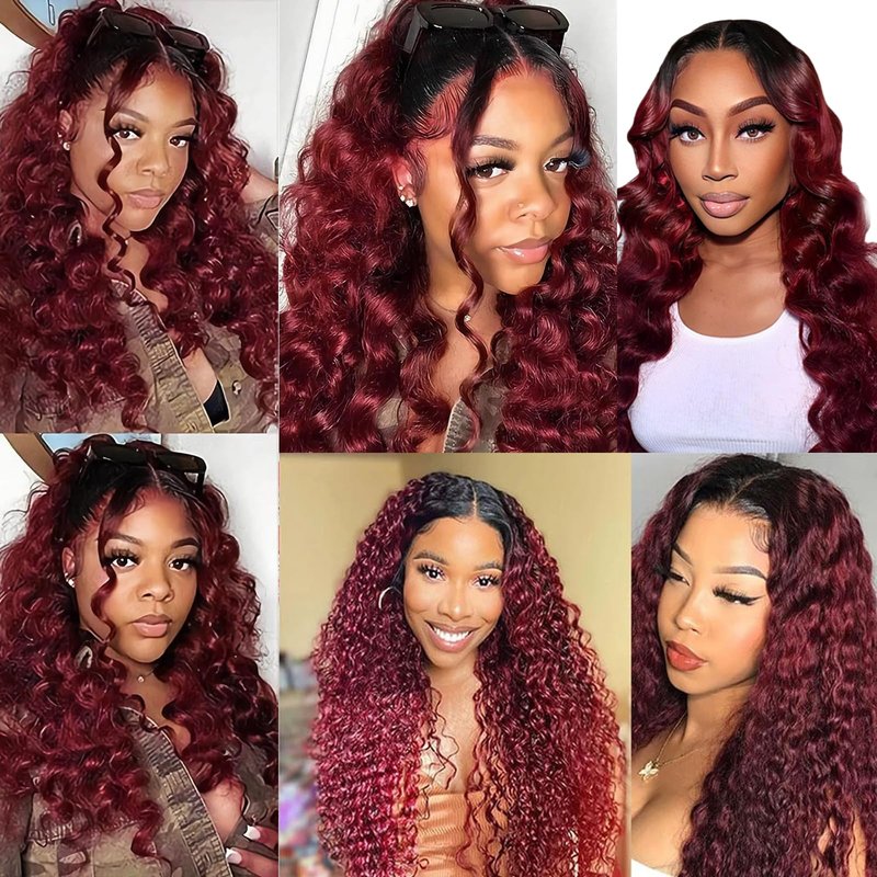 1b99j Burgundy Deep Wave Ombre Closure 4x4 Transparent Lace Closure Human Hair Unprocessed Brazilian Virgin Remy Hair High Density 2 Tone 1b/99j Wet And Wavy Deep Curly 18 Inch