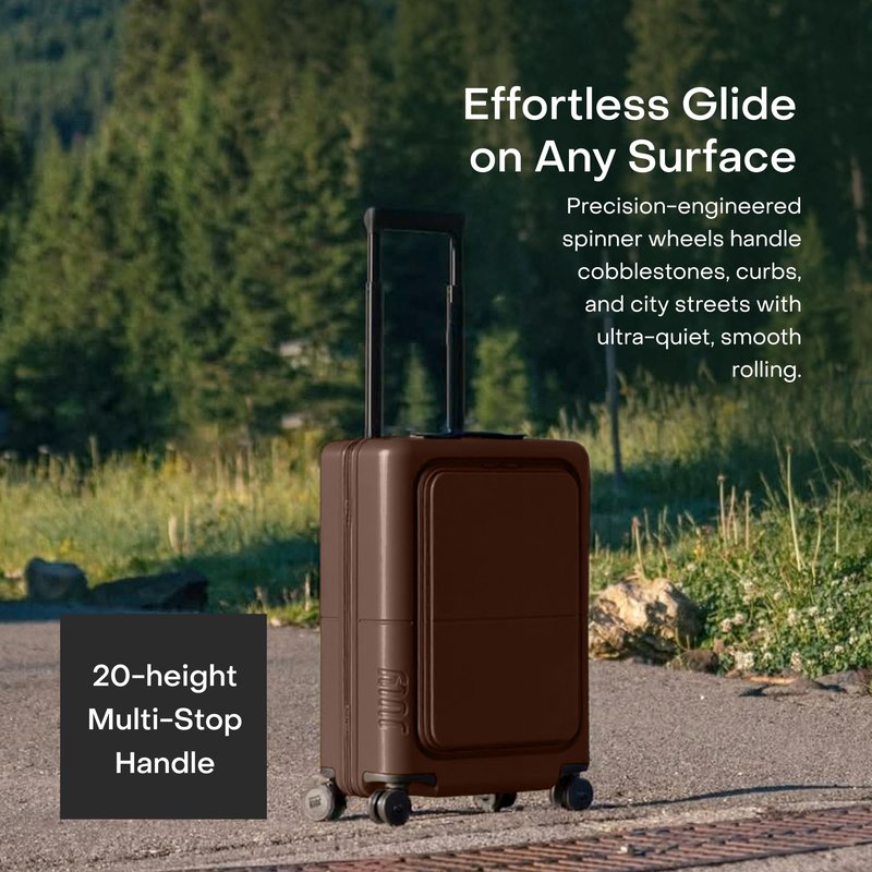 July Carry On Pro - 20" Hardshell with Front Pocket, Airline Approved Carry On Luggage with Wheels, TSA Lock Rolling Suitcase, Silent Spinner Wheels, USB Ports & Ejectable Battery - Dark Brown