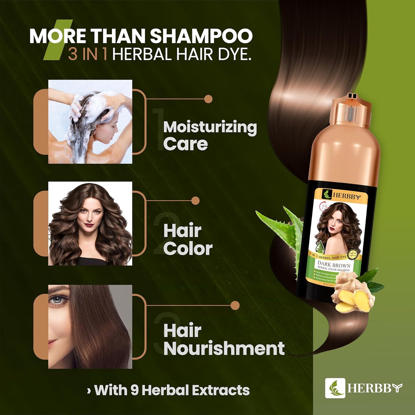 Hair Color Shampoo for Gray Hair Coverage | 9 Herbal Extracts, Long-Lasting Dark Brown Dye, 500ml