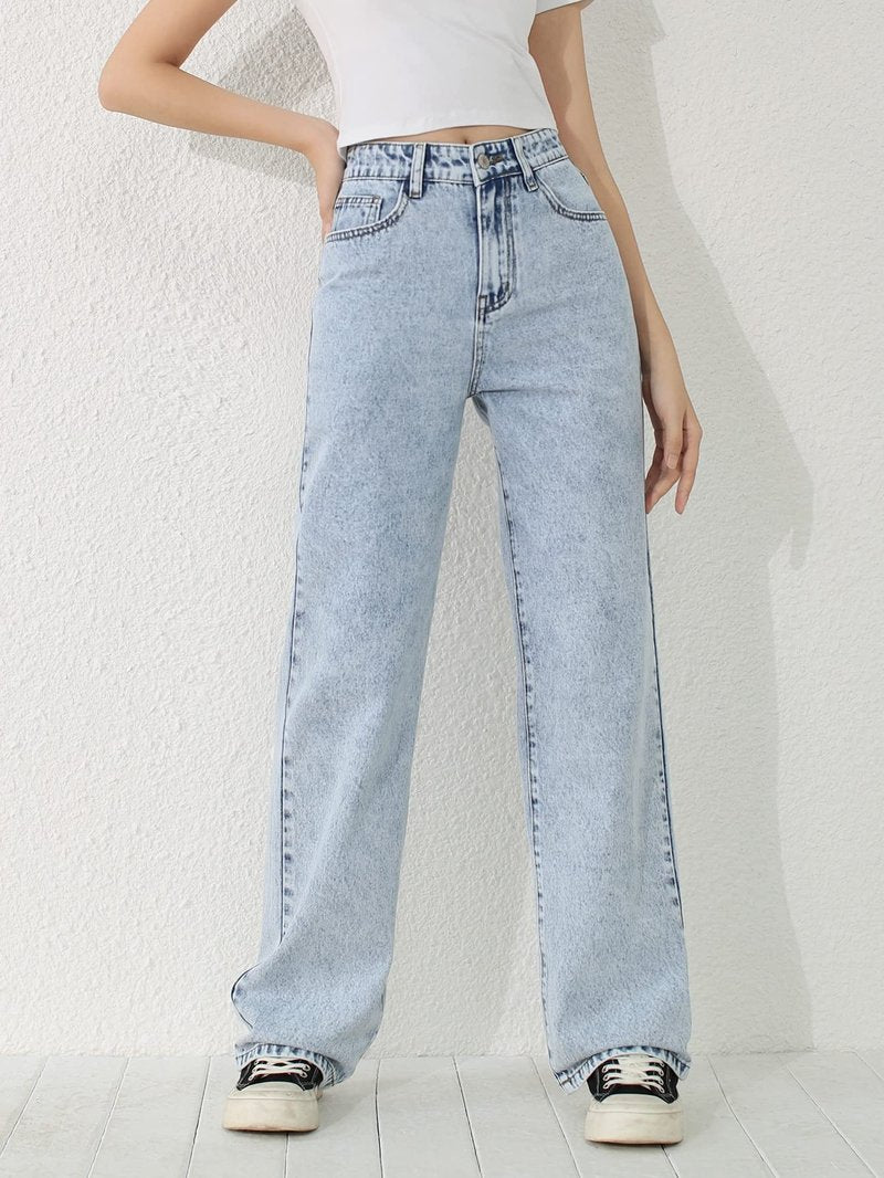SweatyRocks Girl's High Waisted Solid Straight Leg Jeans Casual Loose Denim Pants Light Wash 10-11Y