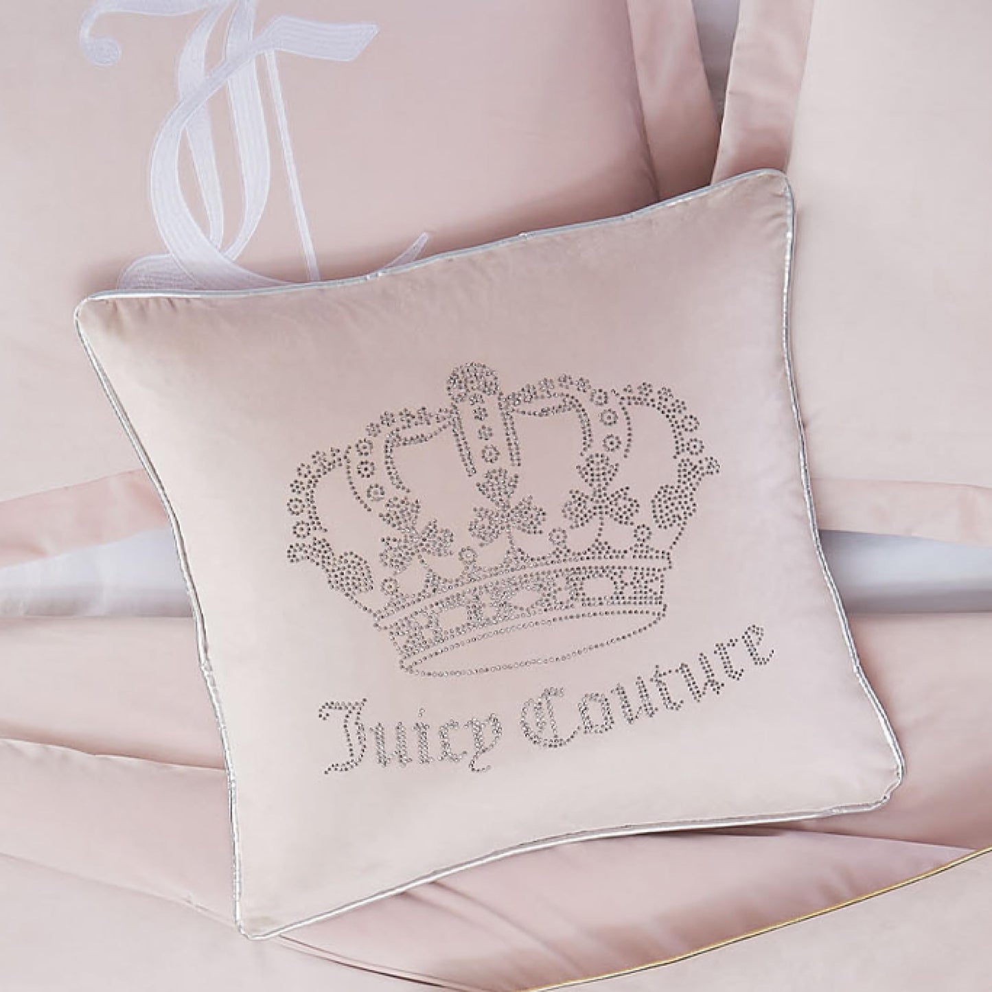 Juicy Couture - Decorative Accent Pillow, Velvet Rhinestone Crown, Premium Reversible Throw Pillow, Living Room and Bedroom DΓ©cor, Measures 20" x 20", Pink Blush