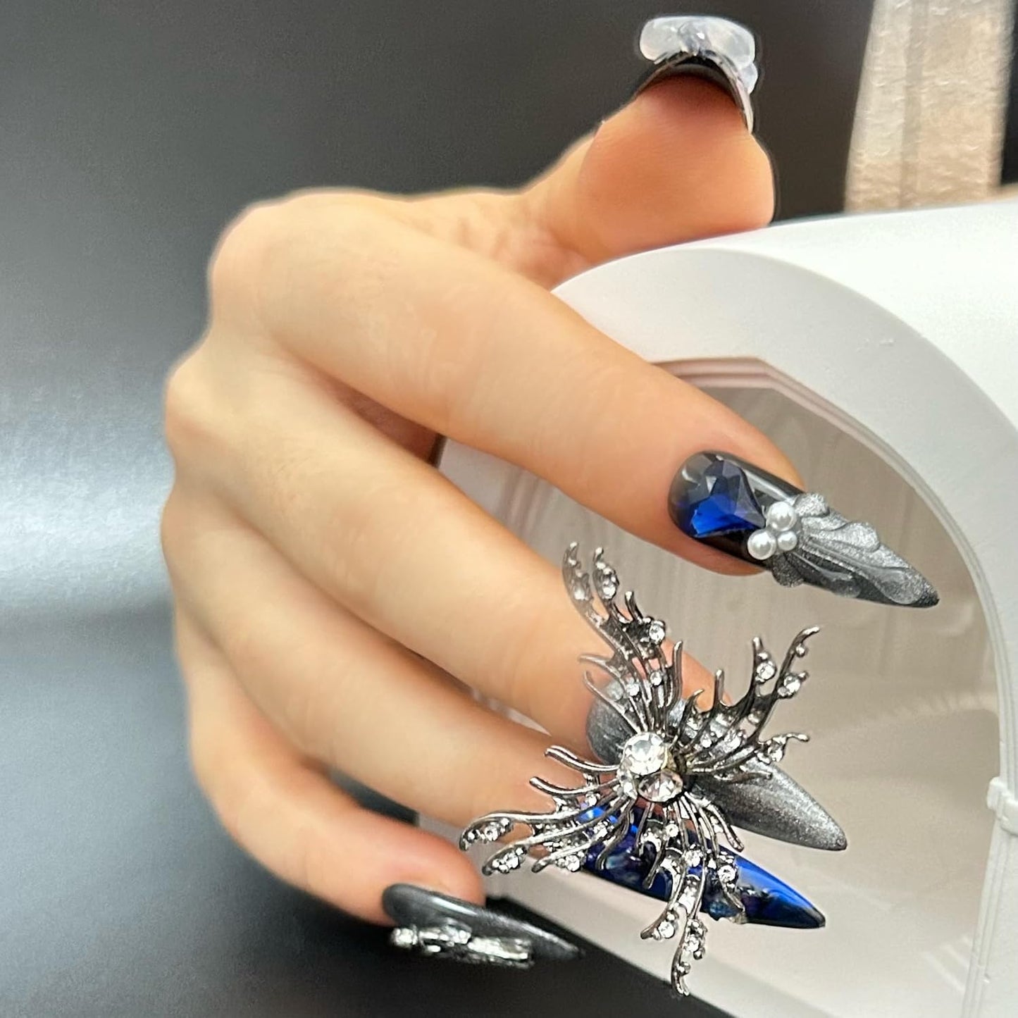 Luxury Handmade Almond Press-On Nails - Reusable Halloween Goth Style, 11pcs Blue Butterfly