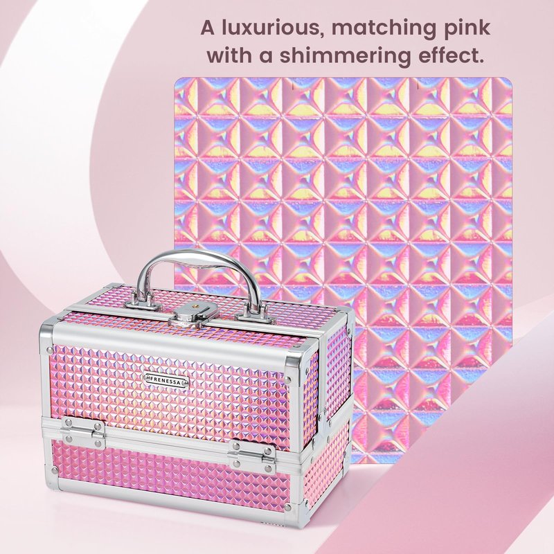FRENESSA Makeup Train Case Makeup Box Organizer Portable Cosmetic Travel Case Makeup Case with Mirror Locking Make Up Cases Organizers and Storage for Nail Supplies Hard Cosmetic Box Shiny Pink