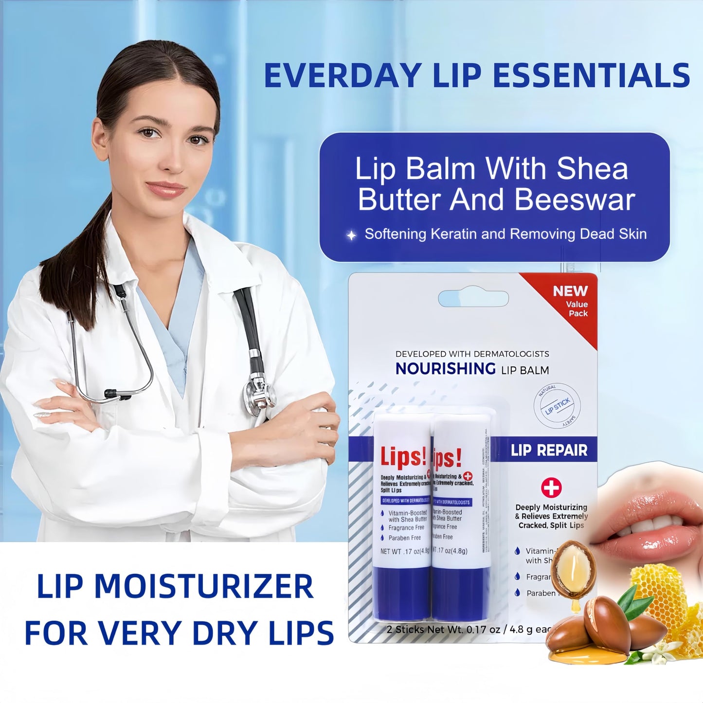 Moisturizing Repairing Lip Balm, 2-Pack,Designed for Chapped Lips, Gently Exfoliates, Deeply Hydrates and Locks in Moisture. Enriched with Shea Butter and Beeswax.