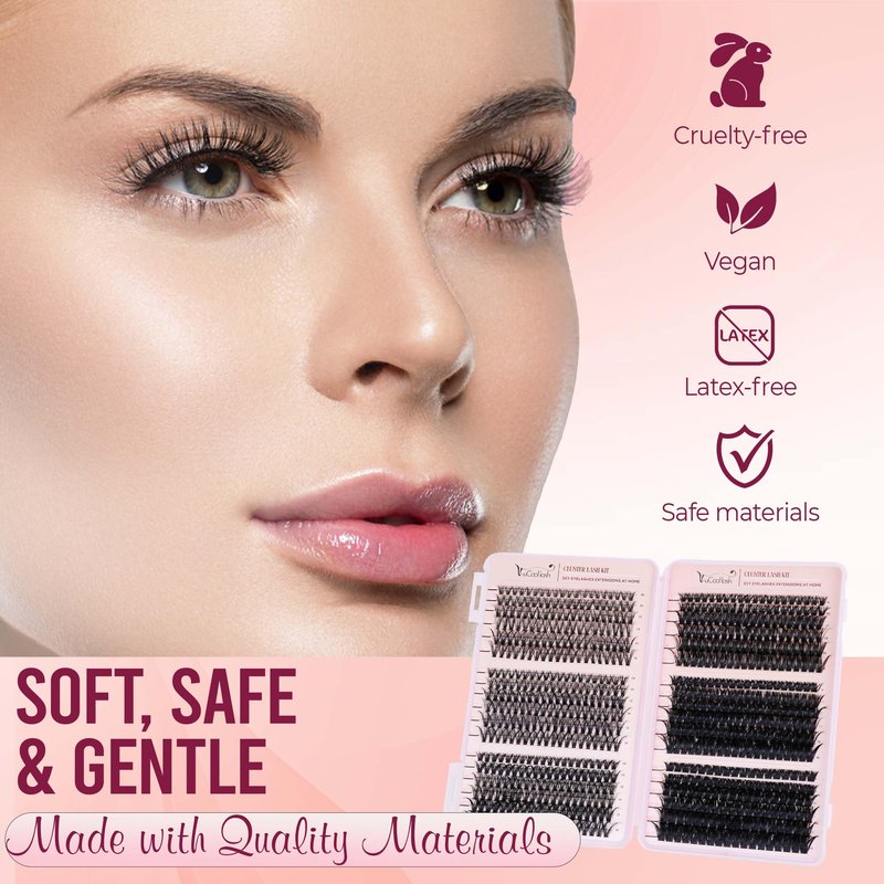 V-uCool 708 Pcs DIY Lash Clusters Kit, D Curl 30D–100D 8–16mm Mix, Fluffy Wispy Cluster Lashes with Bond & Seal, Tweezer, 5 Pads & Brush