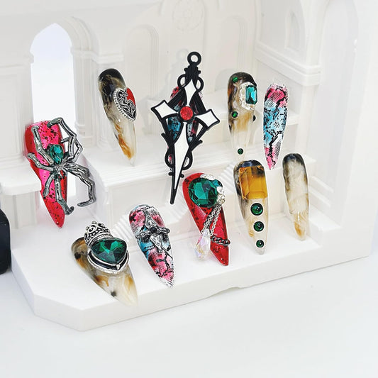 Luxury Handmade Almond Press-On Nails - Reusable Halloween Goth Style (10pcs, Red Spider)