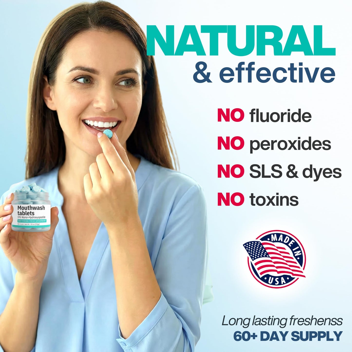 Mouthwash Tablets with Nano-Hydroxyapatite, Alcohol & Fluoride Free Natural Oral Care, Whitening Mouth Wash Tabs for Dry Mouth & Bad Breath. Travel-Friendly, Eco & SLS-Free