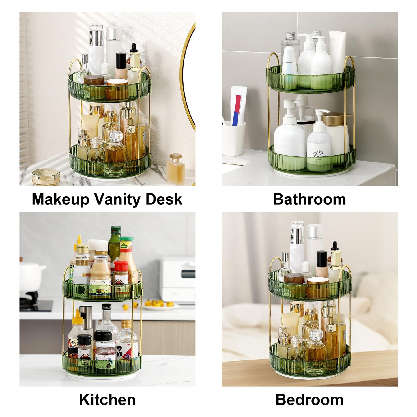 Weidace 360 Rotating Makeup Organizer for Vanity, Bathroom Countertop Spinning Perfume Organizer, High-Capacity Cosmetic and Skincare Dresser Make Up Holder Rack (3 Tiers, Green)