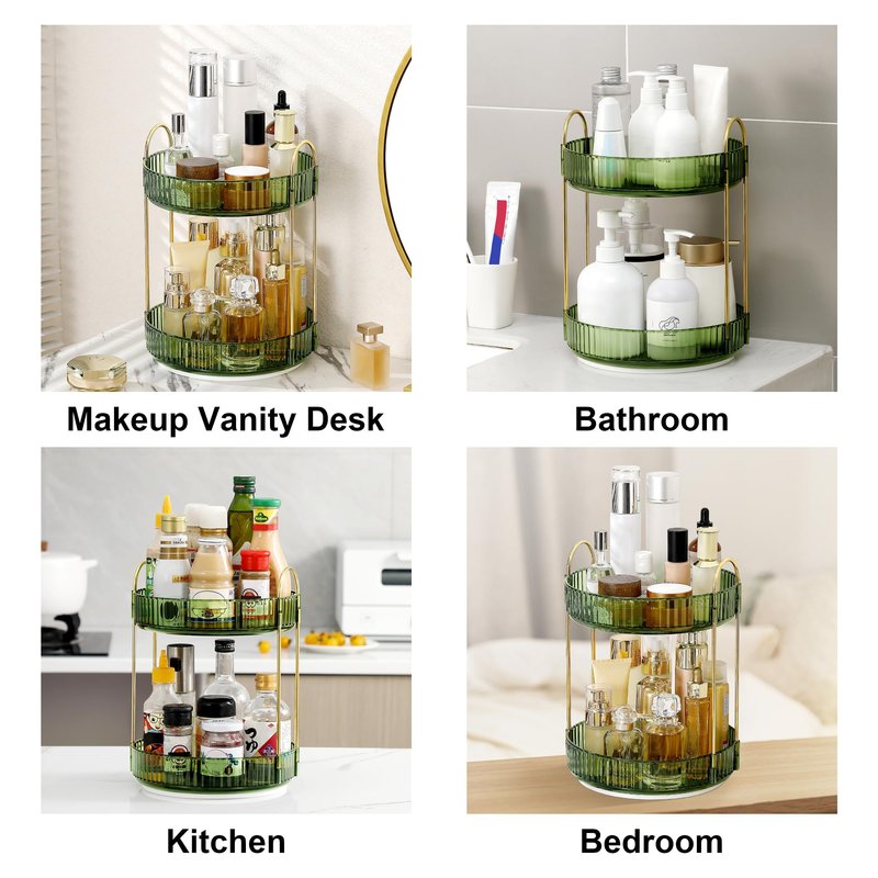 Weidace 360 Rotating Makeup Organizer for Vanity, Bathroom Countertop Spinning Perfume Organizer, High-Capacity Cosmetic and Skincare Dresser Make Up Holder Rack (3 Tiers, Green)
