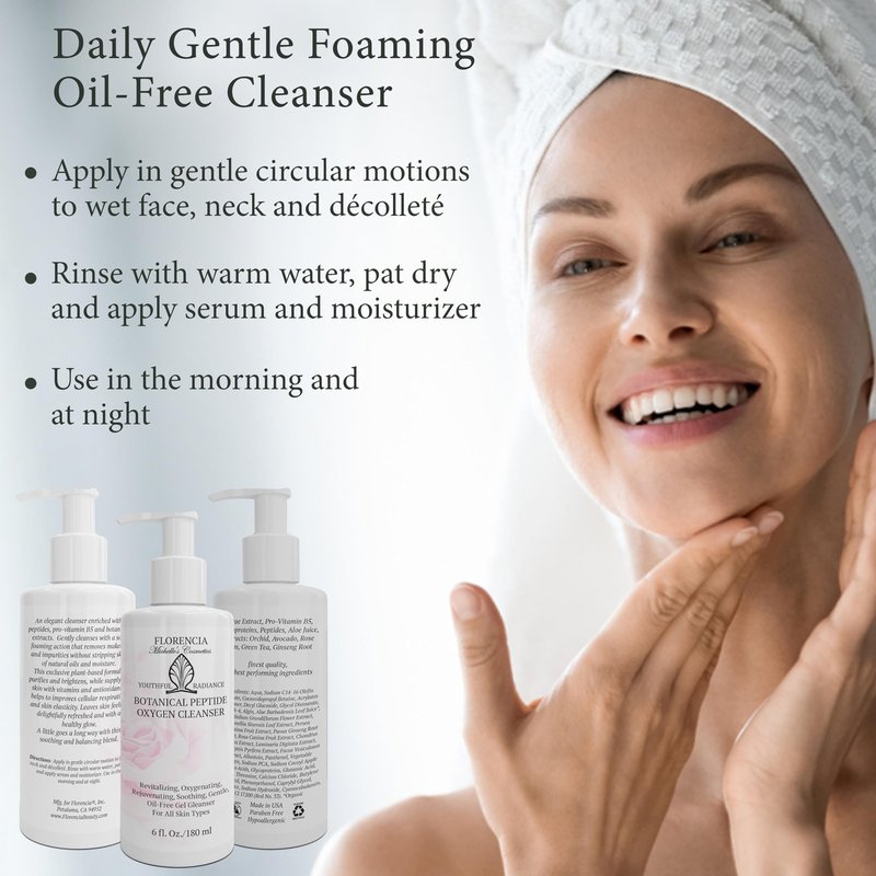 Florencia Botanical Peptide Oxygen Cleanser – Oil-Free Foaming Gel Face Wash with Glycoproteins, Algae & Botanical Extracts, Gentle Revitalizing Daily Facial Cleanser for All Skin Types, 6 Oz