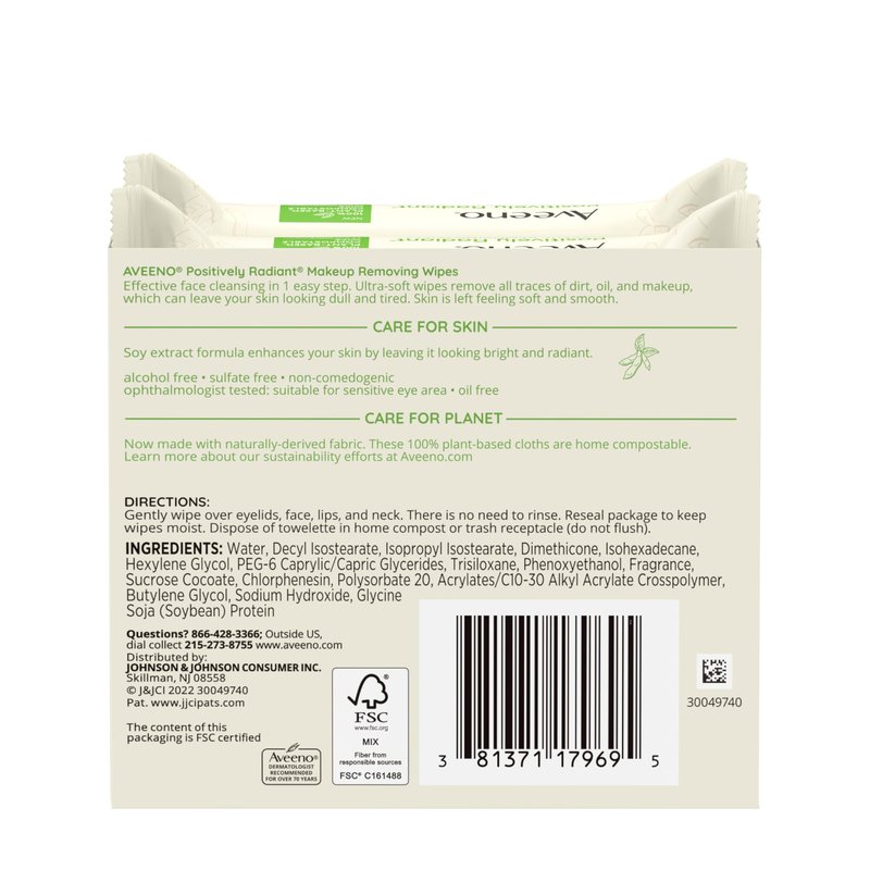 Aveeno Positively Radiant Makeup Remover Wipes, Oil Free, Alcohol Free, Non-Comedogenic Facial Cleansing Wipes, Gentle Face Wipes for Sensitive Skin, Travel Makeup Wipes, Twin Pack, 2 x 25 Ct