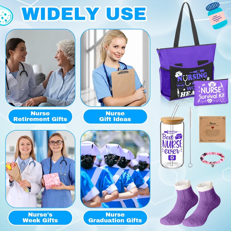 Yetene 5 Pcs Nurse Gifts for Women Tote Bag Makeup Bag 16 oz Glass Cup Bracelets Sock Gift Graduation Female(Purple,Nurse)