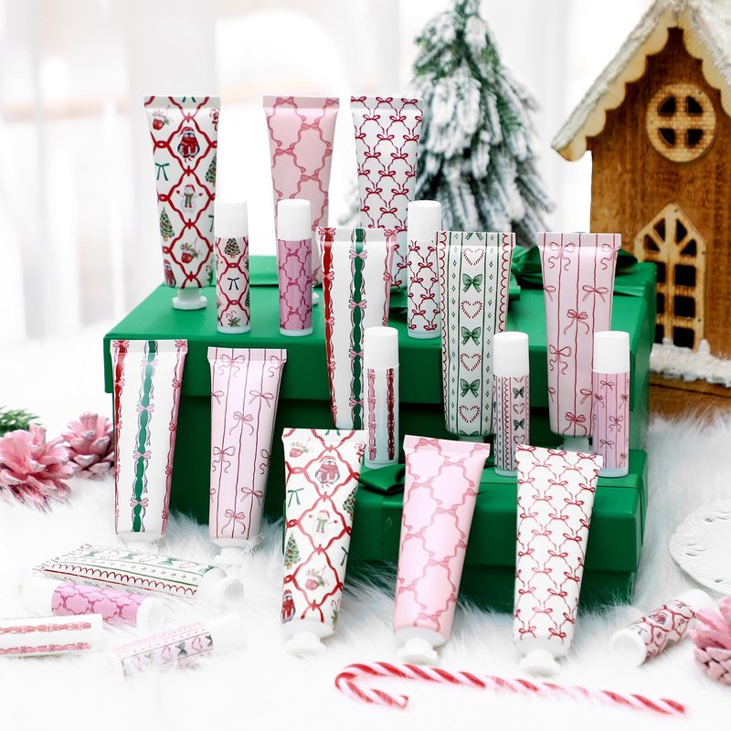 Dansib 24 Pcs 12 Sets Valentine's Day Hand Cream and Lip Balm Bulk Gift Set, 6 Scents Coquette Bow Valentine's Day Travel Size Hand Lotion Lip Care Gift for Women Staff Coworkers