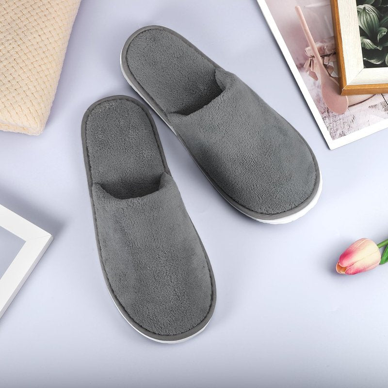 Extrapins 12 Pairs Disposable Slippers,Grey Closed Toe Spa Slippers,Non Slip Hotel Slipper,Soft Coral Fleece Slippers for Women Men,Comfortable House Slipper Bulk for Guests Hotel Home Travel (Grey)