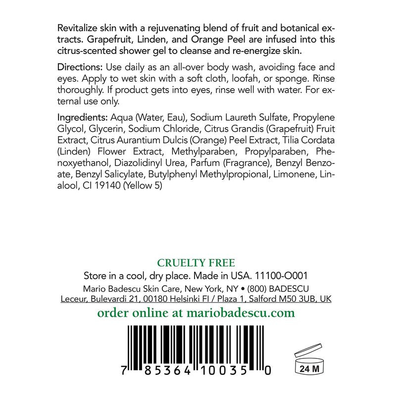 Mario Badescu Citrus Body Cleanser - Lightweight Shower Gel Soap with Grapefruit and Orange Peel Extracts - Fresh and Moisturizing Body Wash for Men and Women, 16 Fl Oz